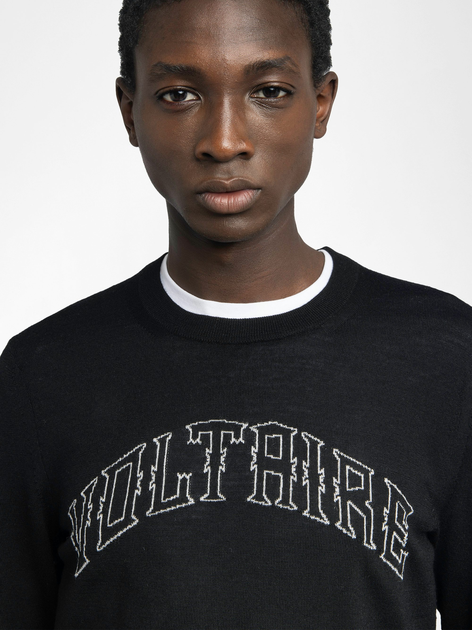 Kennedy Jumper 100% Merino Wool - Round neck jumper with Voltaire writing on the front.